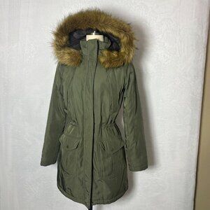 A New DAy XS Olive Green Womens Parka Jacket With Faux Fur Trim Hood Snap/Zip